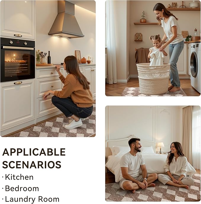 Khaki Beige Moroccan Trellis Checkered Kitchen Rug Sets [2 PCs], Anti-Fatigue, Waterproof Non-Slip Kitchen Mats Heavy Duty Ergonomic Comfort Foam Rug for Floor, Home, Laundry,17"x29"+17"x47"