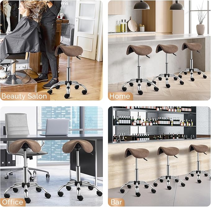 OmySalon Saddle Stool Rolling Chair, Ergonomic Saddle Chair with Swivel Wheels, Adjustable Hydraulic Stylist Cutting Stool for Salon Tattoo Massage Office Medical, Walnut