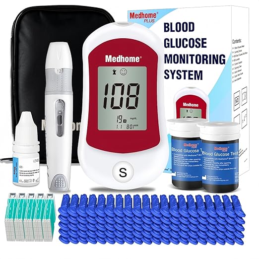 Blood Glucose Monitor Kit, Diabetes Testing with 100 Glucometer Strips,100 30G Lancets, 1 Lancing Device, 1 Blood Sugar Monitor with Control Solution, Large Menory Capacity, No Coding.