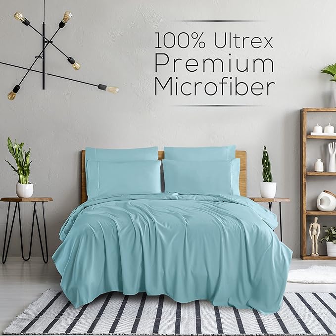 Mueller Luxury 6 PC Full Size Bed Sheets, Super Soft 1800, Deep Pocket up to 16" Full Size Sheets, Transfers Heat, Breathes Better, Hypoallergenic, Wrinkle-Resistant, Oeko-TEX, Aqua