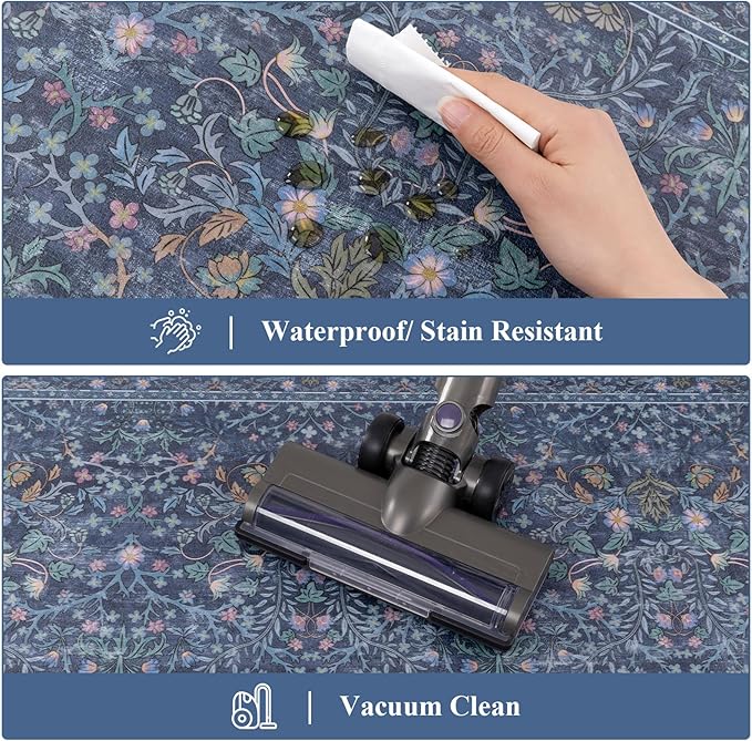 U'Artlines Double-Sided Kitchen Rugs Set of 2,Kitchen Anti Fatigue Mats Non Slip Padded Floor Standing Desk Mat,PVC Waterproof & Stain Resistant Carpet Blue Floral Rugs for Laundry Room Office Sink