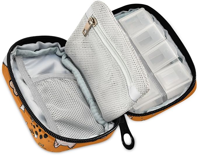 Orange Cute Kittens Hearts Stars Travel Pill Organizer Case Box Container Weekly Portable Vitamin Medicine Holder Storage Bag with Zipper Removable
