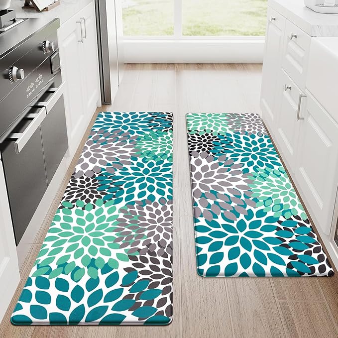 Likiyol Kitchen Mats for Floor [2 PCS] Anti-Fatigue Kitchen Rugs Non Slip Washable Boho Flower Waterproof Kitchen Decor Cushioned Comfort Standing Floor Mats for Home/Office 18''x48''+18''x60''(Teal)