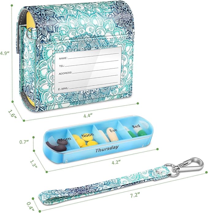 FINPAC Weekly Pill Organizers 4 Times A Day, Slide Open PU Leather Case Travel Pill Vitamin Medicine Reminder and Planner with Name Card for Morning| Afternoon| Evening| Bedtime (Emerald Illusions)