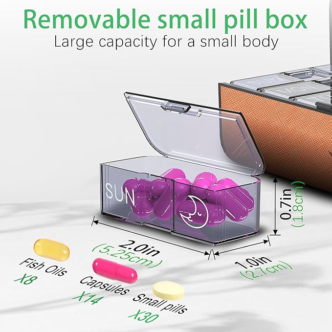 7-Day AM/PM Pill Organizer with Scratch-Resistant Leather Case - Portable Weekly Travel Medicine Box with Detachable Daily Pods & Privacy Design (Bright Orange)