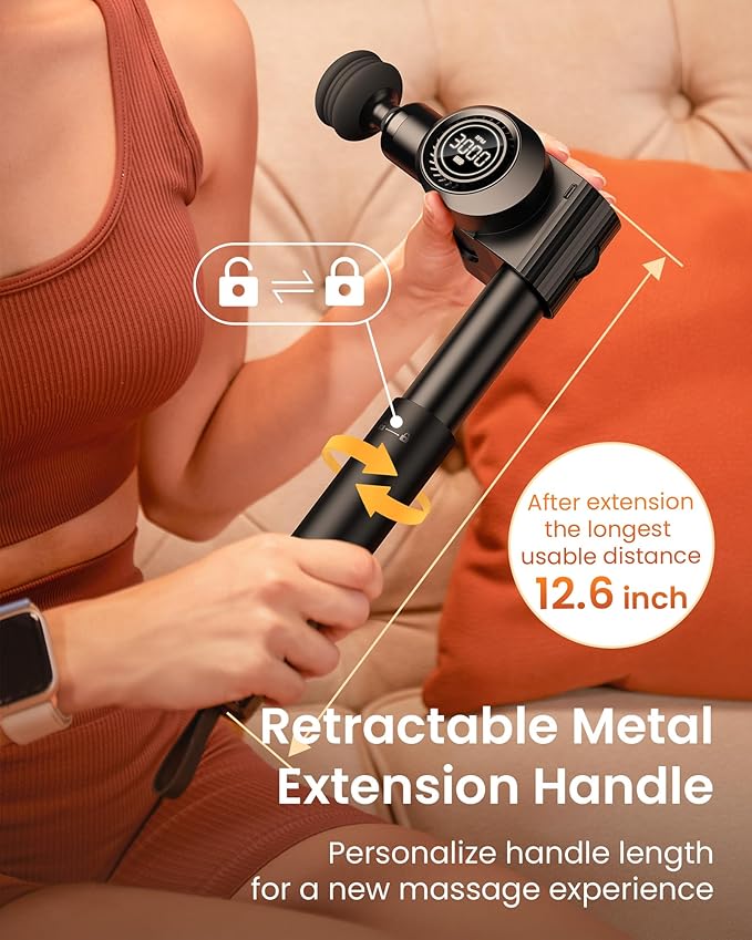 NAPRE Foldable Massage Gun Deep Tissue with 5 Adjustable Angles,Portable Handheld Percussion Back Massager for Muscle/Neck/Body Pain Relief with Long Extension Metal Handle,32-Speeds,with Carry Case