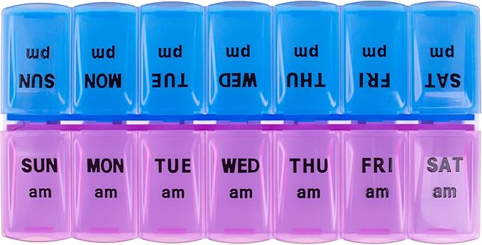 Apex Weekly AM/PM Medication Dispenser, 7-Day Twice-A-Day Pill Organizer with Easy-Open Lids (Color May Vary)