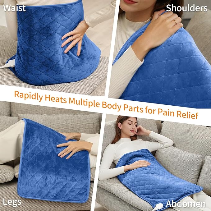 31''x16'' Extra Large Heating Pad for Back&Cramps Relief, XL Electric Heating Pads for Neck Shoulder Pain Relief Heat Pad Upgraded 6 Heat Settings, 4 Timer Options Auto Shut-Off Machine Washable Blue