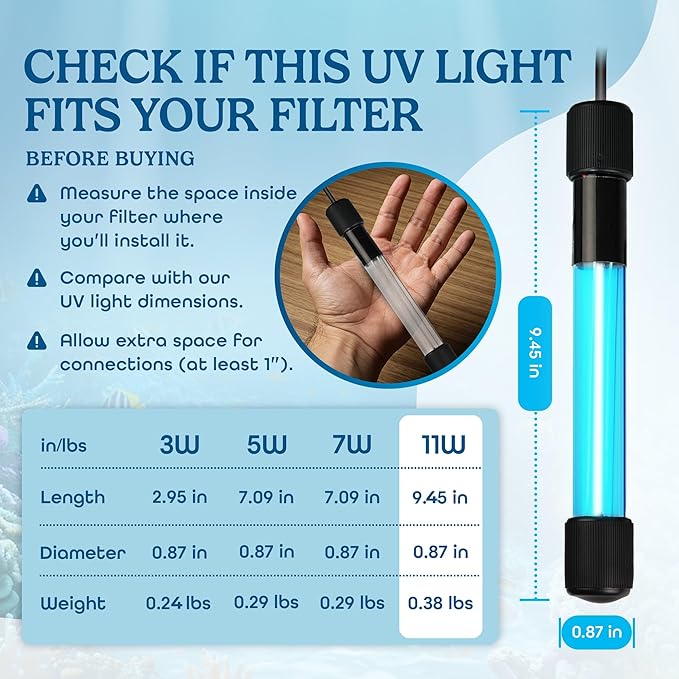 11W UV Sterilizer for Aquarium– UV-C Clean Light with a 9.84 ft Cord for Use in Filters, Sumps and Small Ponds |Clears Green Water, Removes Cloudiness & Promotes a Healthy Clear Tank for Fish & Plants