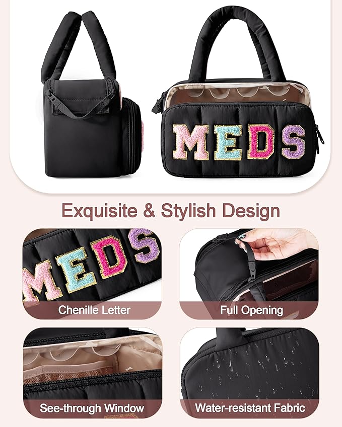 Fasrom Chenille Letter Medicine Bag, Preppy Patch Meds Bags for Travel, Pill Bottle Organizer with Puffy Handles, Portable Cosmetic Toiletry Storage Makeup Case for Women, Black (Bag Only)