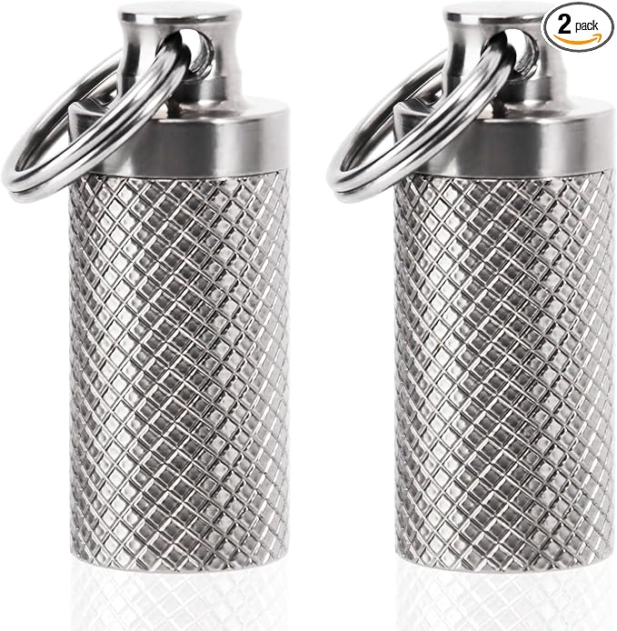 TISKY 2Pack Titanium Keychain Pill Holder Container,Waterproof Portable Pill Box Case for Purse or Pocket, Pill Fob Medicine Organizer for Outdoor Travel