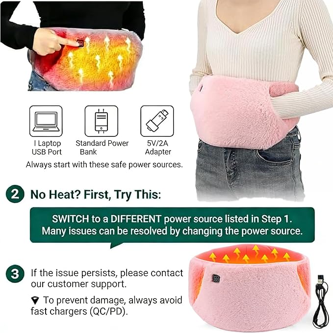 3-in-1 Pink Comfort Heating Belt: Soothing Warmth for Back & Abdomen + Cozy Hand Warmer, USB Powered Adjustable Heat Wrap for Women, 3-Temperature Settings