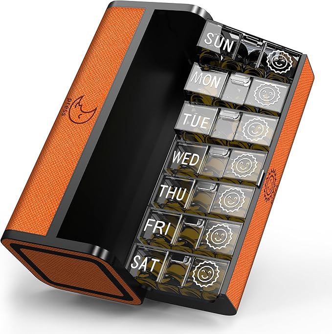 Pill Organizer 7 Day AM PM, Discreet 2 Times a Day Weekly Pill Box with Double Protection Shell, Large Capacity Portable Vitamin Case for Travel Meds & Medicine Organizer (Orange)