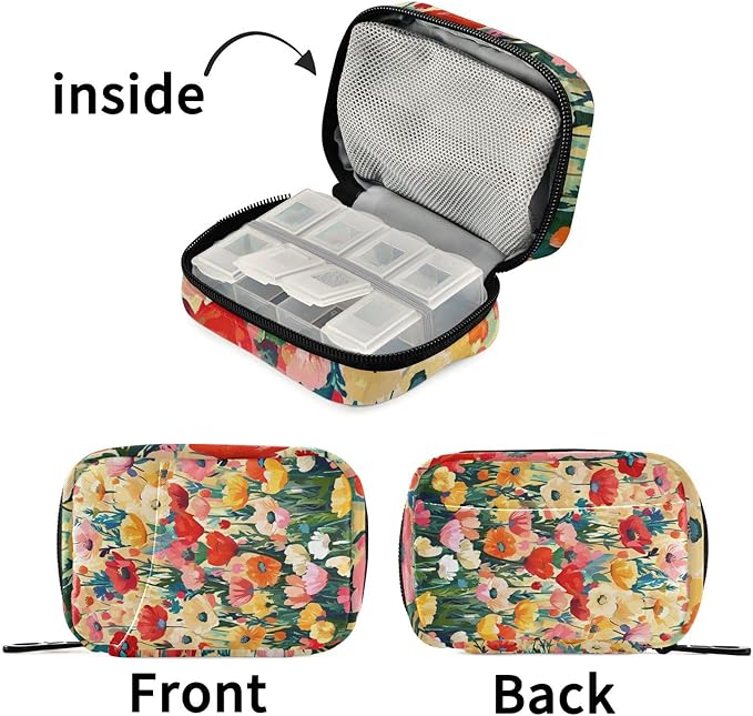 Colorful Poppy Festival01 Travel Pill Organizer Case Box Container Weekly Portable Vitamin Medicine Holder Storage Bag with Zipper Removable