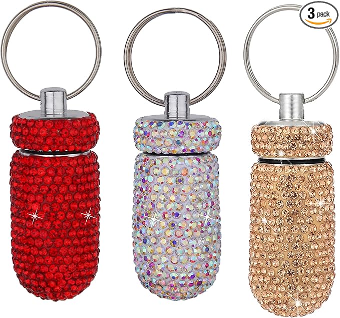 3PCS Bling Crystal Rhinestone Portable Pill Case Pill Container Waterproof Pill Holder with Keychain Glitter Travel Pill Box Small Medicine Dispenser Bottle Storage for Outdoor Camping Travel,20