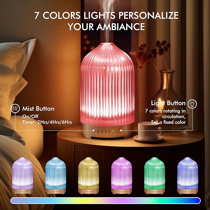 Glass Essential Oil Diffuser 200ml-Ultrasonic Aroma Diffuser with Glass Dome, Aromatherapy Diffuser with 4 Timers 7 Color LED Lights Auto Shut-Off Protection for Home Office Yoga Gift for Women