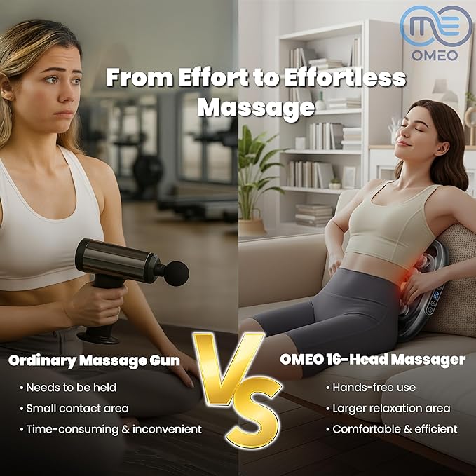 OMEO 16-Head Deep Tissue Massage Gun – Professional Percussion Massager with 30 Intensities & Quiet Motor | Portable Muscle Massager for Pain Relief, Neck, Back, Shoulders & Legs (Black)
