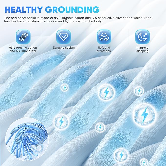 Grounding Sheets Full XL, 95% Organic Cotton+ 5% Pure Silver Fiber, Grounded Sheets with Grounding Cord, Bed Grounding Kit for Healthy Sleep Therapy Full XL-54"x 80"x 13" DeepGrey