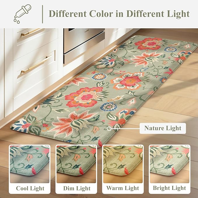 LEEVAN Anti Fatigue Mats for Kitchen Floor 2 Piece,Cushioned Memory Foam Green Kitchen Mats for Floor,Comfort Floral Boho Non Slip Kitchen Floor Mat for Sink,Laundry,Office(17''x29''+17''x47'')