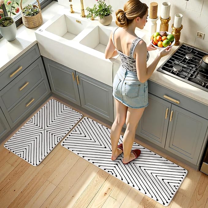 KIMODE Kitchen Mats Cushioned Anti Fatigue, Geometric Kitchen Rugs Sets of 2, Non Slip Waterproof Kitchen Floor Mats, Comfort Standing Mats for Laundry Office Sink Desk 17"x47"+17"x29" Black Diamond