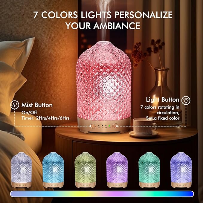 Essential Oil Diffuser 200ml-Ultrasonic Aroma Diffuser with 4 Timers, Aromatherapy Diffuser 7 Color LED Lights Auto Shut-Off Protection for Home Office (Diamond-Glass)