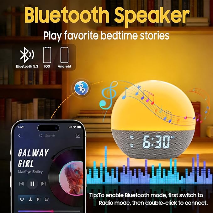 Sunrise Alarm Clock, White Noise Sound Machine, Upgraded Backlit Buttons for Bedrooms, 26 Soothing Sounds, 17 Night Lights, Bluetooth Speaker, Wake Up Sunlight for Heavy Sleepers,