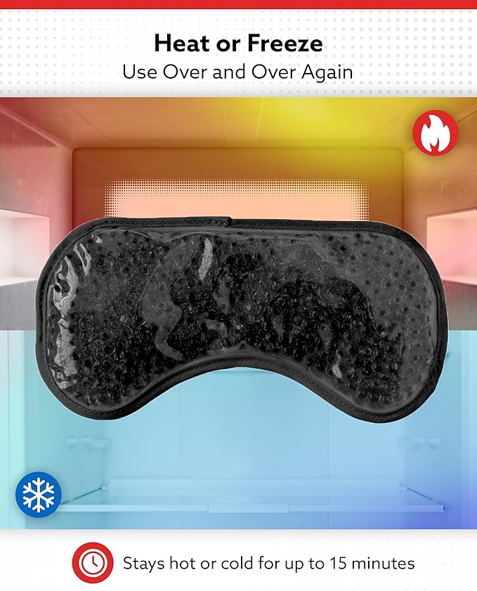Alpi Plush Gel Beads Hot/Cold Eye Mask – Eye Masks for Dark Circles and Puffiness – Microwavable Plush Pack for Relaxation & Tension Comfort – Reusable Heated or Cooling Compress – Black, 8”x4”