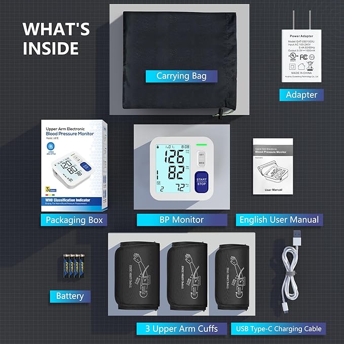 Blood Pressure Machine Upper Arm, 3 Size Cuffs Included, Small 7"-9", Medium 9"-17" and Extra Large XL Cuff 13"-21", Accurate Automatic Digital BP Monitor Home Use, Large Backlit LCD, 3 Users