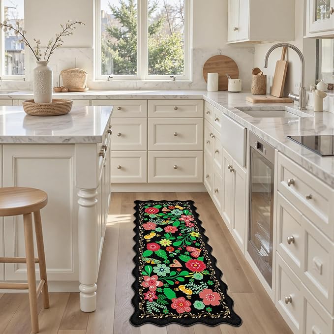 Scalloped Black Kitchen Mats for Floor Cushioned Anti Fatigue Kitchen Mats Rugs Waterproof Non Slip Farmhouse Boho Floral Comfort Foam Standing Mat for Sink Laundry, 17.3x47