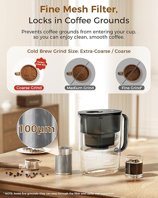 Waterdrop Cold Brew Coffee Maker with 1 Magnesium Water Filter for Well-Balanced Acidity, Unlocks Aroma, BPA-Free Cold Brew Pitcher, Stainless Steel Filter for Iced Coffee, Tea, Lemonade, Black