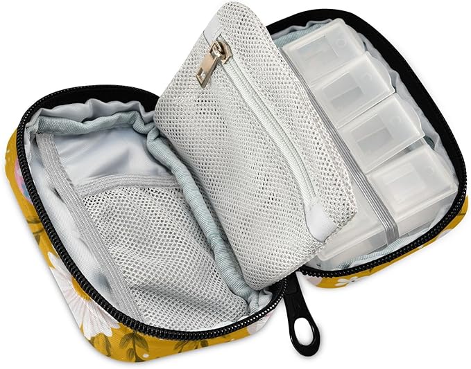 Yellow Daisy Bunny Flower Travel Pill Organizer Case Box Container Weekly Portable Vitamin Medicine Holder Storage Bag with Zipper Removable