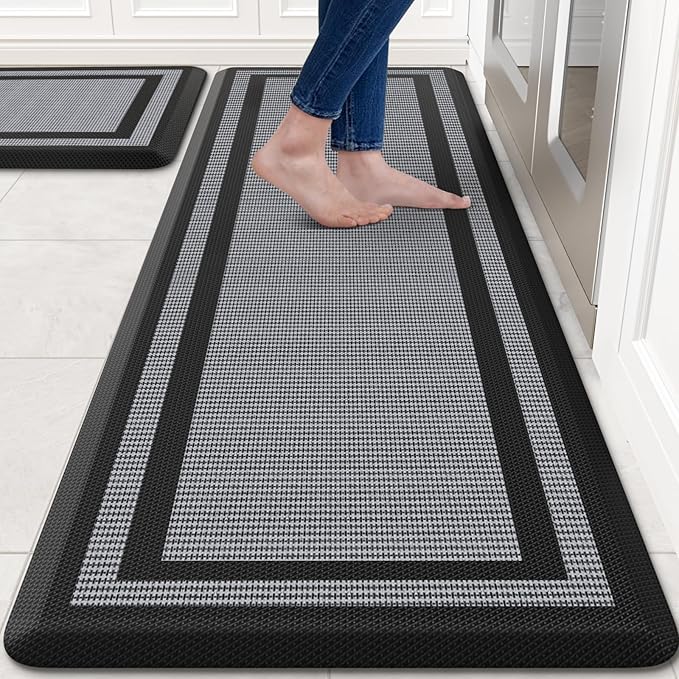 KitchenClouds [2 PCS] Kitchen Rugs Cushioned Anti-Fatigue Kitchen Mats for Floor Waterproof Kitchen Rug Set Non-Slip Comfort Standing Mat for Office, Sink, Laundry 20"×30"+20"×60",Black