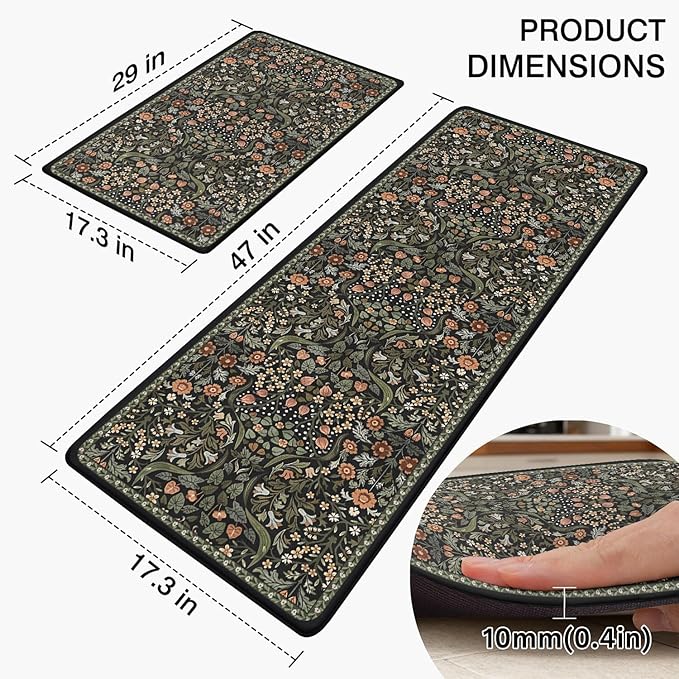 Anti Fatigue Kitchen Rugs Set of 2, Farmhouse Kitchen Mats for Floor, Rustic Kitchen Decor, Anti-Slip and Anti-Fatigue Foam Standing Mat,17x30 inch Sink Mat+17x48 inch Runner Rug Black