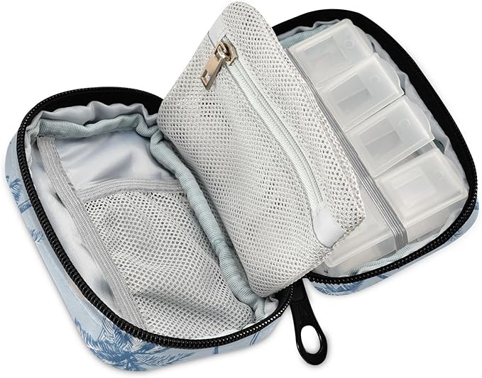 Light Blue Palm Trees and Sun Travel Pill Organizer Case Box Container Weekly Portable Vitamin Medicine Holder Storage Bag with Zipper Removable