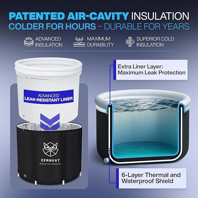 Patented Leak Guard Ice Bath Tub for Athletes – 90 Gal XL Cold Plunge Tub, 6-Layer Insulated Portable Bathtub for Adults, Air-Cavity Thermal Shield, 2-in-1 Hot & Cold, Outdoor/Indoor + eBook