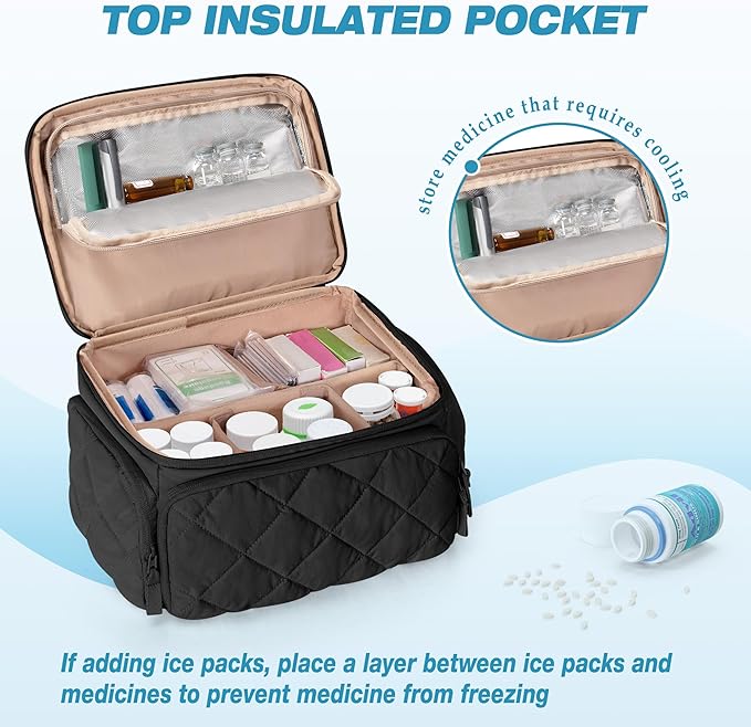 Medicine Organizer Bag with Insulated Pocket for Travel, Pill Bottle Storage Case with 4 Customized Dividers for Medication, Insulin and First Aid Supplies, Black (BAG ONLY)