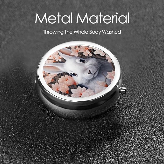 Cherry Blossoms Rabbit Pill Box 3 Compartment Pill Case, Portable Medicine Pill Organizer for Pocket Purse Pill Box Decorative Metal Medicine Vitamin Organizer
