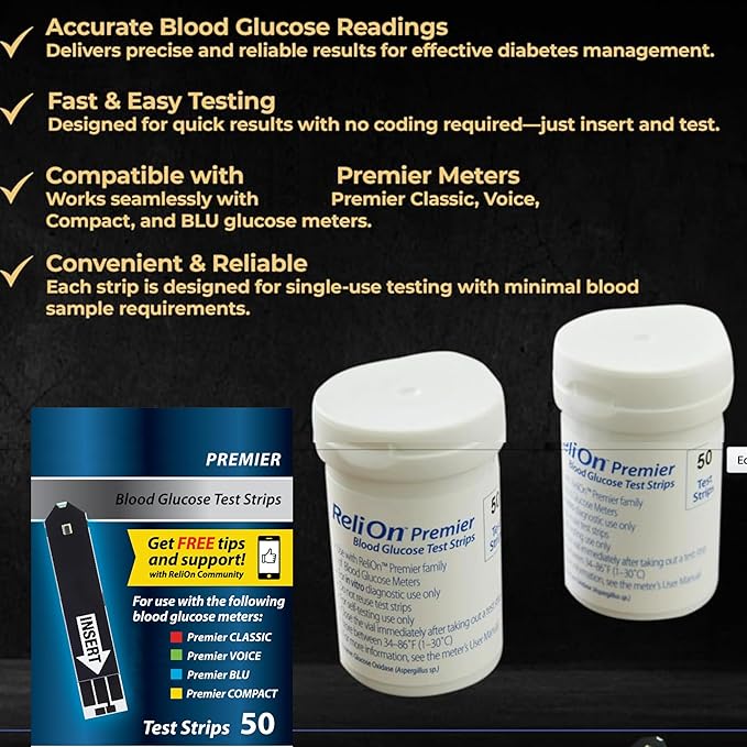 Premier Blood Glucose Test Strips 50 ct, Compatible with Premier Meters, Diabetic Test Strips | Premier Test Strips 50 Count, Bonus Diabetes Guide Included (50)