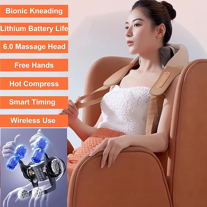 2023 Shiatsu Neck and Shoulder Massager with Soothing Heat, Electric Deep Tissue 3D Kneading Massage Pillow, Simulate Human Hand Grasping and Kneading, for Neck, Back, Shoulder, Foot, Leg, Orange