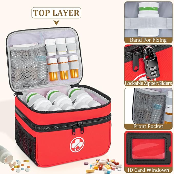 Dual Layers Medicine Organizer Bag, Pill Bottle Organizer Storage with Lockable Zipper, Lockable Medicine Travel Case for Pills, Vitamins, Medical Supplies, Red（Lock not Included）
