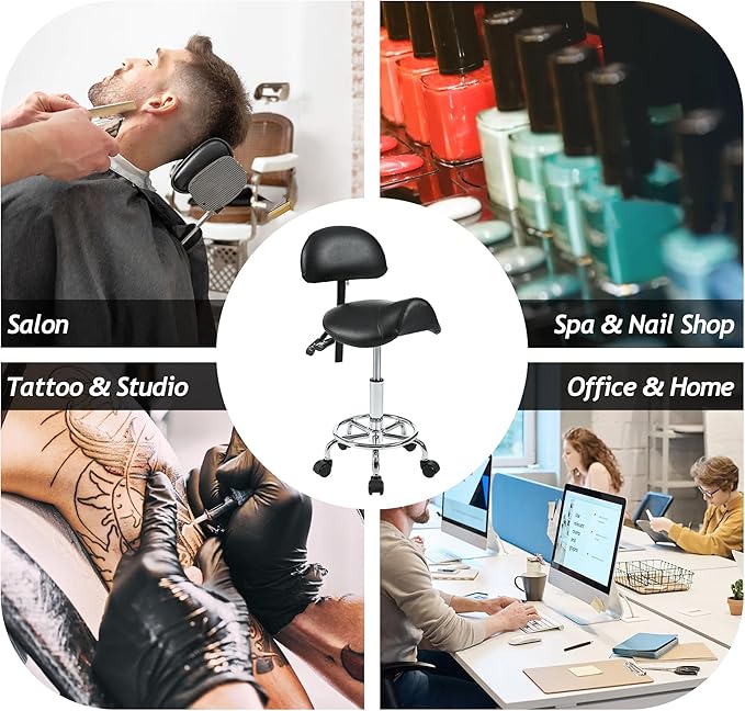 Saddle Stool with Back Support, Rolling Stools with Foot Rest, Ergonomic Backrest Adjustable Height & Angle Salon Stool with Wheels for Salon Spa Tattoo Massage