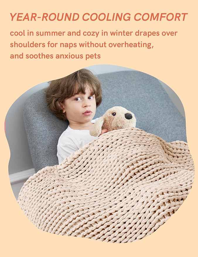 YnM Cooling Weighted Blanket, 100% Cotton Handmade Chunky Knitted Blanket, Weighted Lap, Breathable Heavy Blankets, Machine Washable Throw for Sleep or Home Decor (Cream, 50x60 Inch, 10lbs)