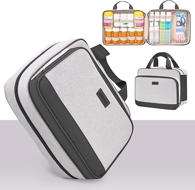 Travel Medicine Organizer Bag, Pill Organizer Case,Carrier for Medications,Vitamins,Fish Oil and Medical Supplies Pill Bottle Organizer and Home Storage Med Bag (Dark Grey)