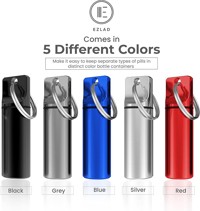 Keychain Pill Holder (5 Pack), Aluminum Waterproof Portable Small Travel Medicine Bottle Case Box Container for Purse, Mini Metal Capsule/Tablet Keeper Pocket Organizer for Men & Women