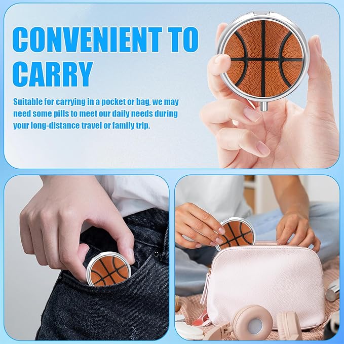 Pill Box, 3 Compartments Small Ball Sport Pill Case Travel Portable Metal Medicine Box with Mirror Mini Container for Purse Pocket Women Men(Basketball)