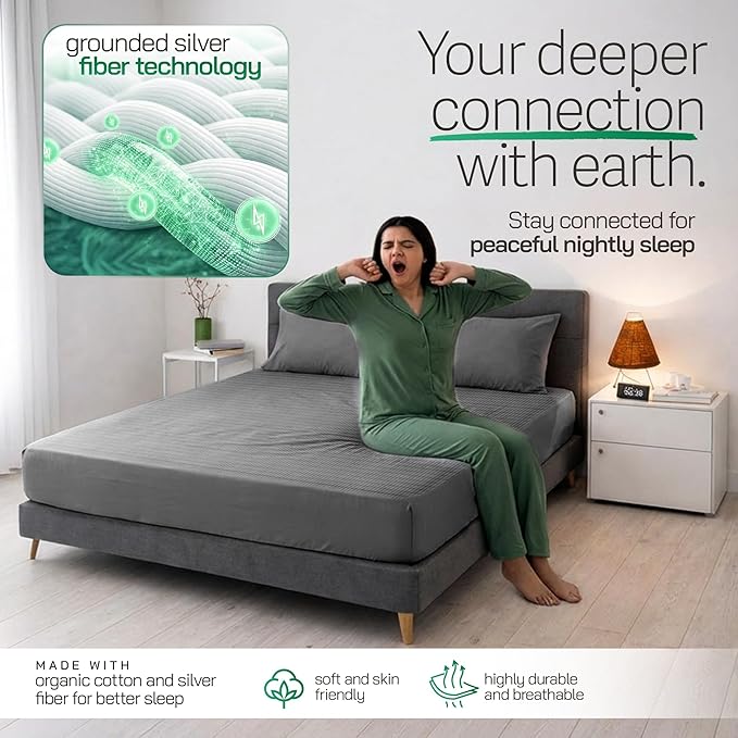 Earthbound Grounding Well Bed Sheets Queen Size - 90% Organic Cotton, 10% Pure Silver Infused Sheet | Fitted Well Deep Pocket Groundingwell Bedsheet, Improve Sleep with Our Earthing Sheets - (Gray)