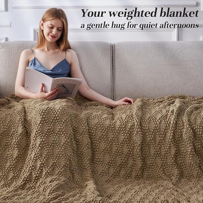 Knitted Weighted Blanket for Adult, Chunky Knit Weighted Throw for Sleep 40"*60" 7lbs, Cooling Breathable Heavy Blanket for Hot Sleepers, Machine Washable Fall Blanket for Room Decor(Beige)