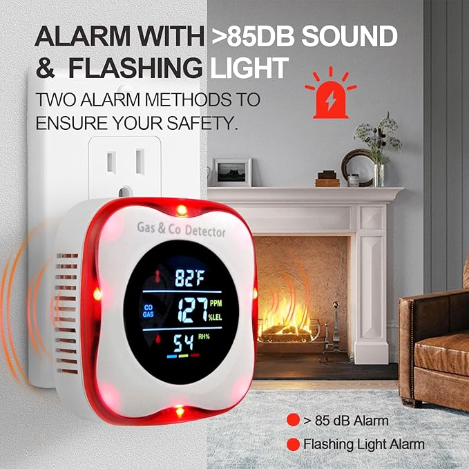 Combustible Gas & Carbon Monoxide Detector 4-in-1 Alarm with Temp/Humidity Sensor – Plug-in CO/Gas Leak Detector for Home, RV, Apartment Safety (Explosive Gas & CO Detection) (CO&Gas, 1-Pack)