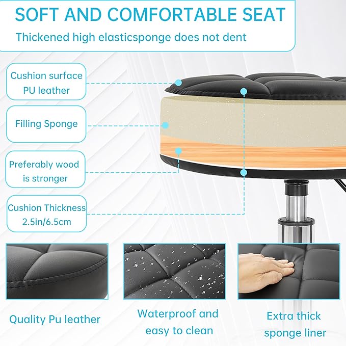 PU Leather Rolling Stool Height Adjustable Round Swivel Stools for Spa Salon Massage Work Chair with Foot Rest Black