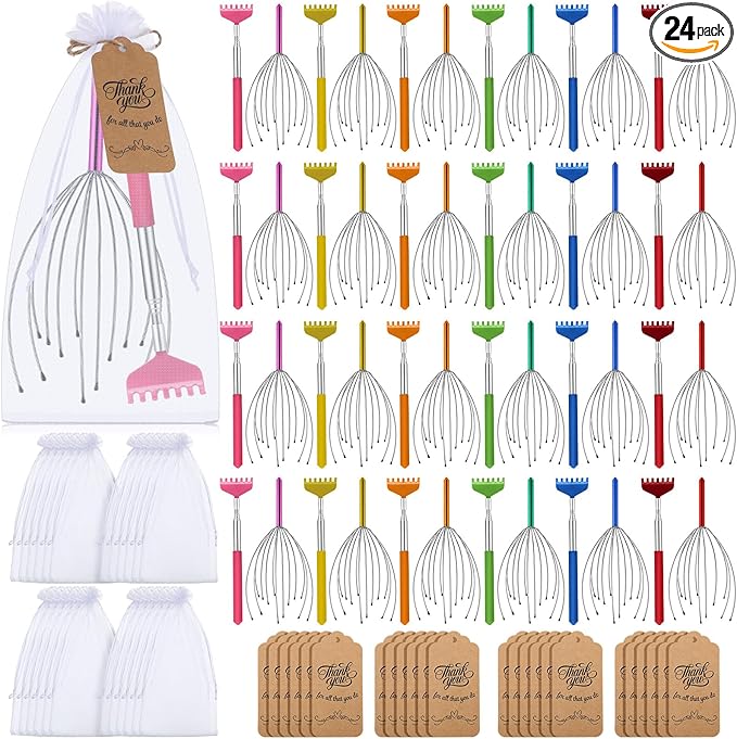 Hoolerry 24 Sets Massage Gifts Head Massager Back Scratcher Fingers Head Scratcher Manual Scalp Massager Valentine's Day for Body Home Office Spa Stress Relief Relaxation Women Men (Colorful)